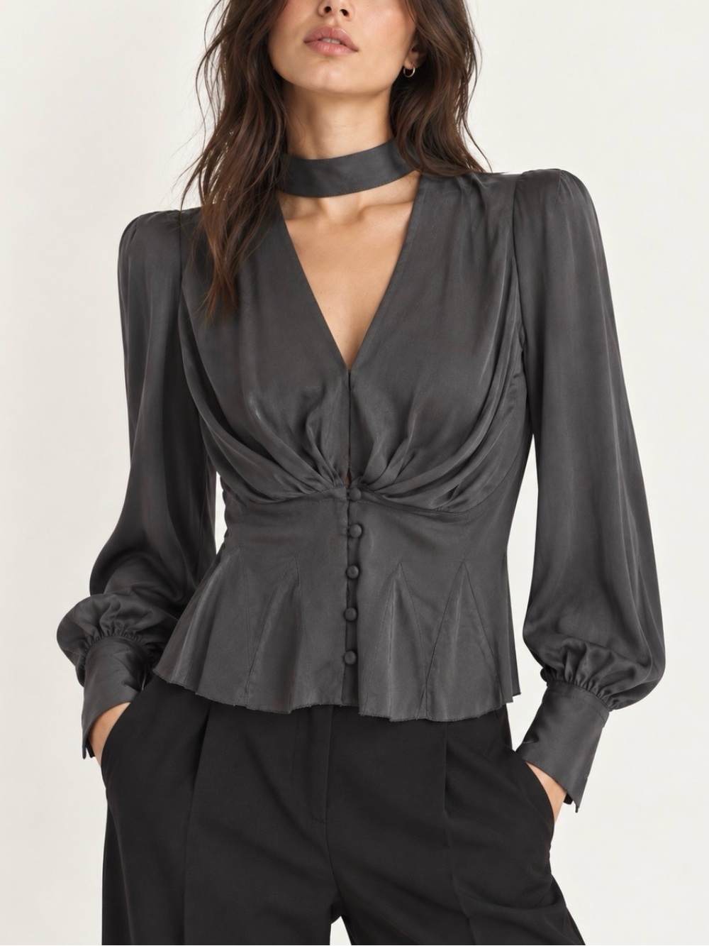Byron Lars Beauty Mark Silk Twist Front Corset Blouse Y2K Charcoal Women’s 4